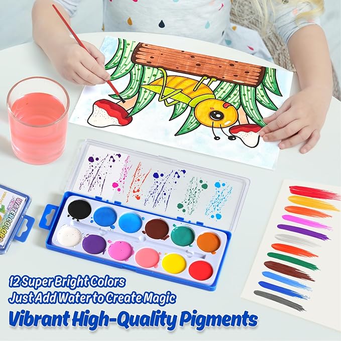 12 Packs Watercolor Paint Set Bulk, 12 Vibrant Colors Washable Watercolors with Brushes for Kids, Art Activities Painting Supplies for School Classroom Home