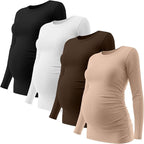 Ficerd 4 Pack Women's Maternity Shirts Cotton Long Sleeve Ribbed Crew Neck Pregnancy Tops Side Ruched Casual Mama Clothes