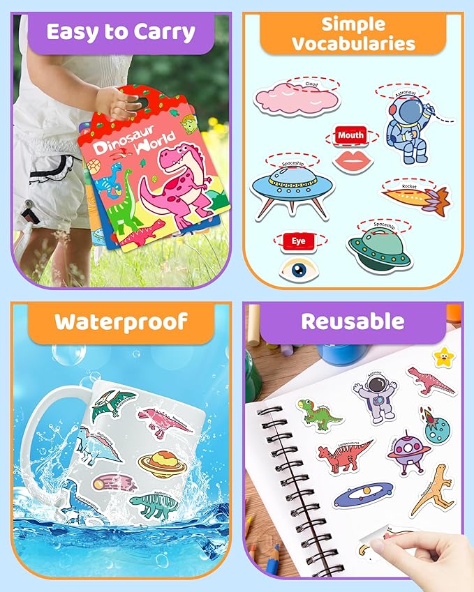 Benresive Reusable Sticker Books for Kids 2-4, Sticker Books for Toddlers 1-3 2-4, Toddler Travel Toys Activities Crafts Gifts - Dinosaurs, Space and Body