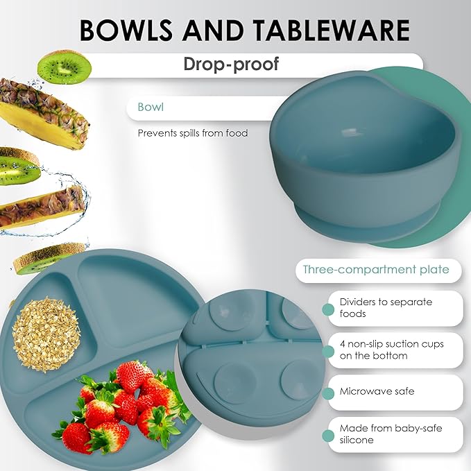 Bluet B- Silicone Baby Feeding Set - Baby Led Weaning Supplies - Baby Spoons, Suction Bowl - Plate - Baby Utensils - Silicone Feeding Set for Baby First Foods, Infant Eating - 8pcs - Blue