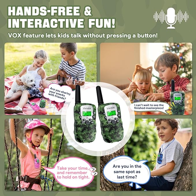 Vvinca Walkie Talkies for Kids Rechargeable 2 Pack, Army Toys for Boys Girls Ages 3-13 Outdoor Military Camping Toy, 3KM Long Range Walkie-Talkie 2 Way Radios 22 CH with Flashlight Birthday Gift