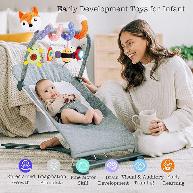 Car Seat Toys, Baby Plush Spiral Hanging Toys for Stroller Crib Bar Bassinet Car Seat Mobile with Music Box BB Squeaker Rattles- Orange Fox