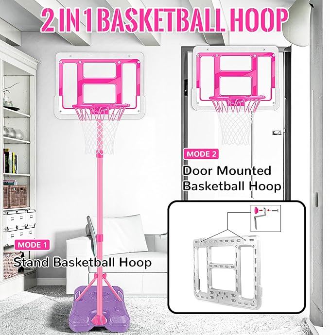 Kids Basketball Hoop with Stand, Adjustable Basketball Set, Toddler Basketball Toys for Boys Age 3 4 5 6 7 8, Indoor Outdoor Backyard Sport Game Gifts Pink