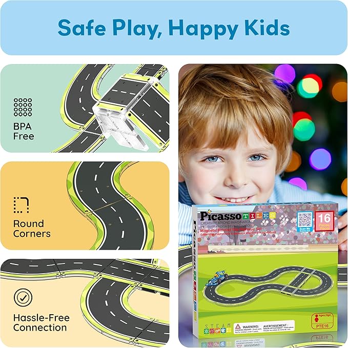 PicassoTiles Magnetic Building Tiles Car Track Magnet Vehicle Adventure Theme Printed Street Road Runway Speedway Highway Block Construction Expansion Add-on Education Learning Toys for Kids 3+ PTE16