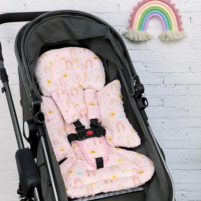 Infant Car Seat Insert and Strap Covers, Very Soft Car Seat Head Support Baby Girl Boy, Reversible Newborn Carseat Insert Cushion Fits for Stroller, Baby Swing, Bouncer (Pink Rainbow)