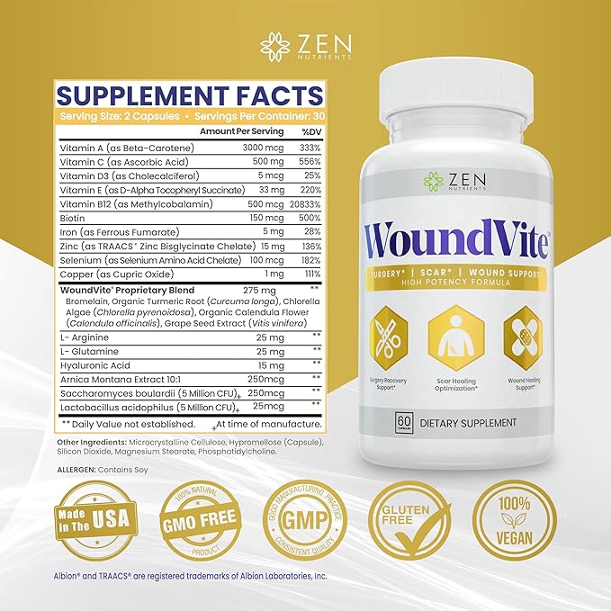 Zen Nutrients WoundVite Pre & Post Surgery Support, Scar & Wound Care, Scar Treatment, Plastic & General Surgery, Heal Faster & Aids in Recovery Time w/Bromelain, Turmeric & Arnica - 60 Vegan Caps