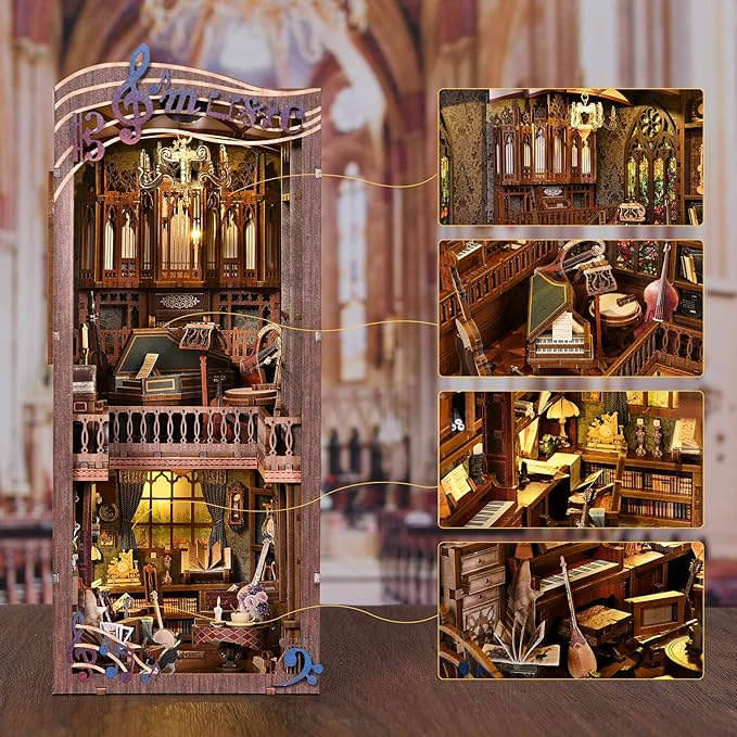 Book Nook Kit Music, DIY Miniature House Kit Book Nook, 3D Wooden Puzzle Bookshelf Insert Diorama Kit with Led Light for Teens and Adults (Timeless Melody)