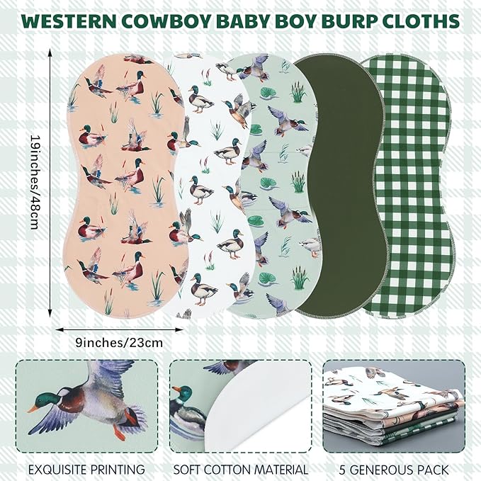 5 Pack Mallard Duck Pattern Baby Burp Cloths Soft Absorbent Burping Rags for Newborns 19"x9" Spit up Cloths for Boy Girl Newborn Baby Shower Registry Gifts Set Nursery Decor
