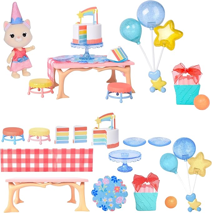 Honey Bee Acres Birthday Wishes Playset, 15 Piece Miniature Dollhouse Party Set with Cat Figure, Rainbow Cake, Balloons & Gift, Pretend Play Birthday Celebration for Kids Ages 3+