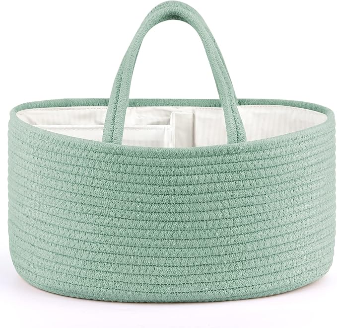 Maliton Diaper Caddy Organizer for Baby, Portable Diaper Storage Organizer for Changing Table and Car, Cotton Rope Nursery Storage Bin Basket for Baby Shower, Newborn Essentials Must Haves - Green