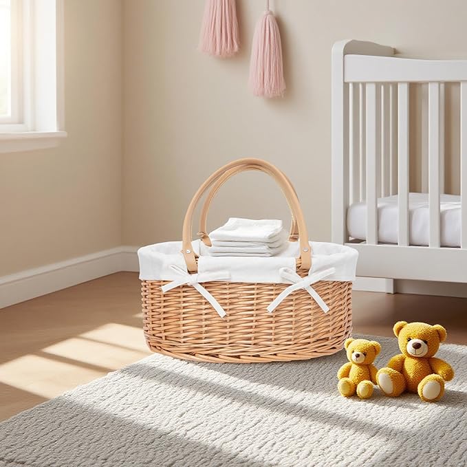 Handwoven Wicker Diaper Caddy Organizer, Multi - functional Baby Diaper Bag for Nursery & Home Storage, Detachable Lining, PU Handles, Baby Registry Must Haves (Wicker)