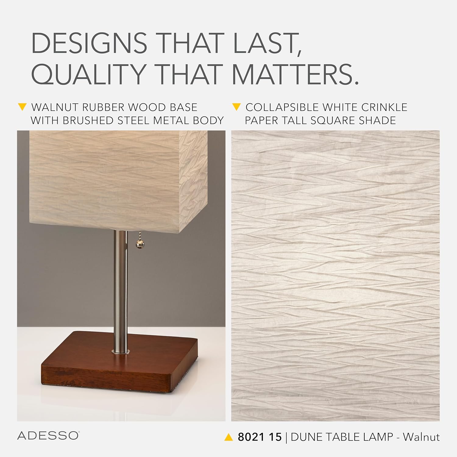 Adesso 26” Table Lamp with Walnut Wood Base, Brushed Steel Finish & Crinkle Paper Shade – Perfect Lighting for Bedroom, Living Room and Corner Decor, Beige