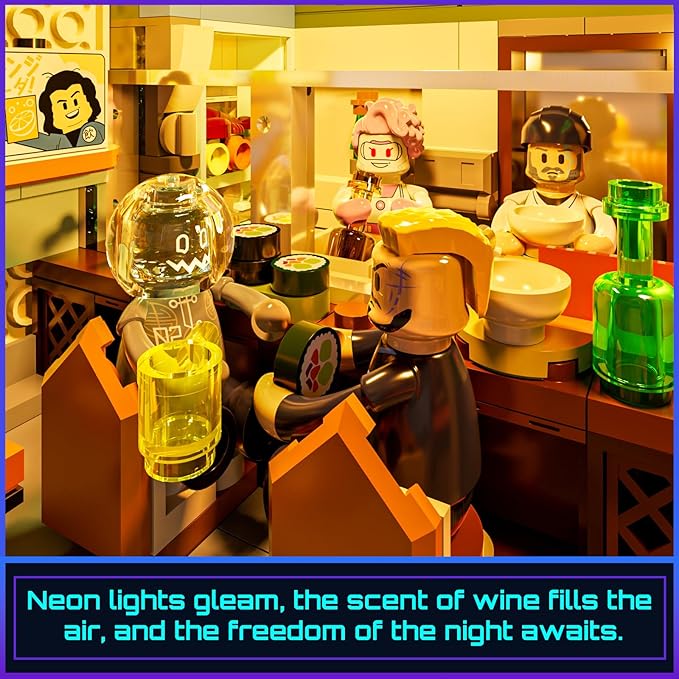 FUNWHOLE Cyberpunk Japanese-Izakaya Lighting-Building-Bricks Set - Cyberpunk Neon City Future Pub Japanese Street View House Collection LED Light Model Set 1987 Pcs for Adults and Sci-fi Lovers