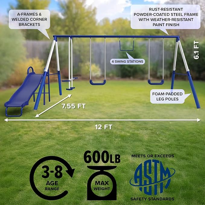 Sportspower Arcadia Swing Set - Outdoor Heavy-Duty Metal Playset for Kids with Slide