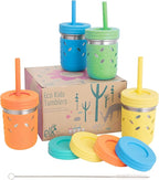 Elk and Friends 10oz Stainless Steel Kids + Toddler Drinking Cups | The Original Mason Jars with Lids + Sleeves + Straws | Smoothie Cups | Spill Resistant | Dishwasher Safe | 4 Pack