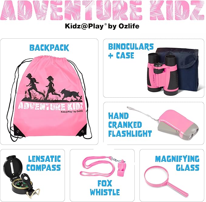 Adventure Kidz - Outdoor Exploration Kit, Children’s Toy Binoculars with Case, Flashlight, Compass, Fox Whistle, Magnifying Glass, Backpack. Great Gift Set for STEM, Pretend Play. Age 3+