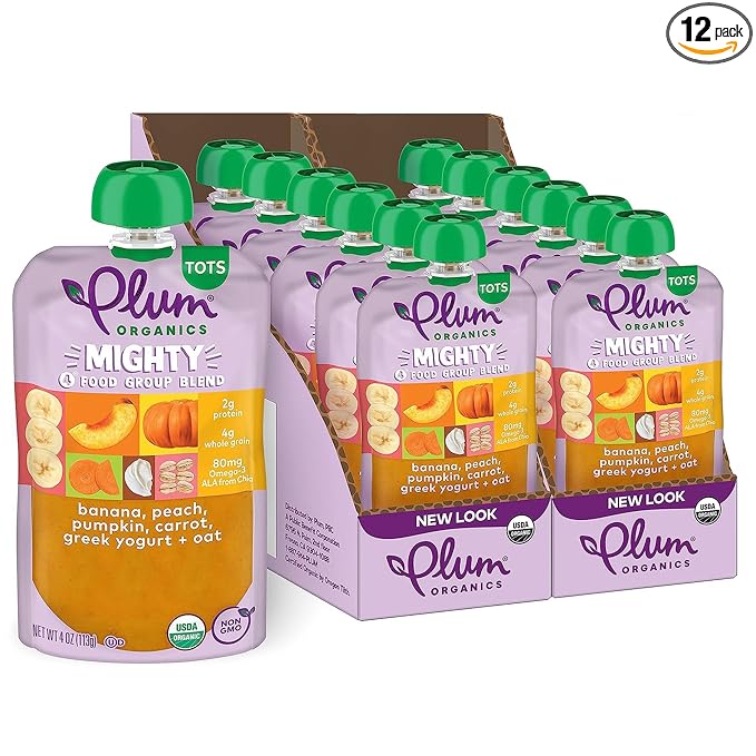 Plum Organics Mighty 4 Organic Toddler Food - Banana, Peach, Pumpkin, Carrot, Greek Yogurt, and Oat - 4 oz Pouch (Pack of 12) - Organic Fruit and Vegetable Toddler Food Pouch