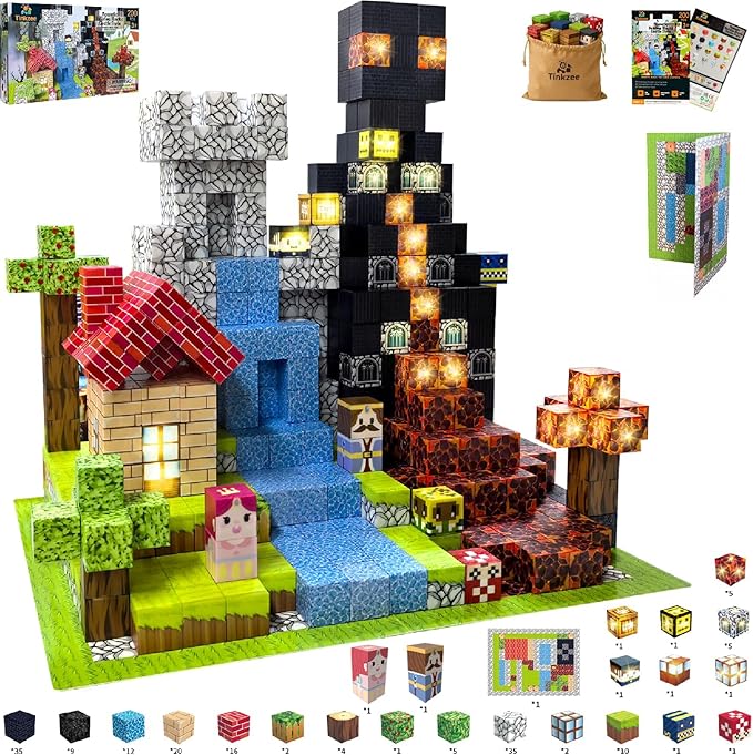 200 PCS Magnetic Building Blocks with 15 LED Light-Up Blocks (Replaceable Battery)&Foldable Magnetic Board,STEM Educational Magnet Cube Set,Creative Construction Toy Gift for Kids (Boys&Girls Ages 3+)