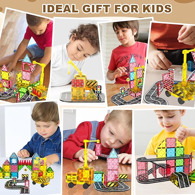 Magnetic Tiles Road Set Kids Toys, Magnetic City Construction Toys with Magnet Crane for 3+ Year Old Boys Girls, STEM Magnet Blocks Building for Kids Ages 3-5 4-8
