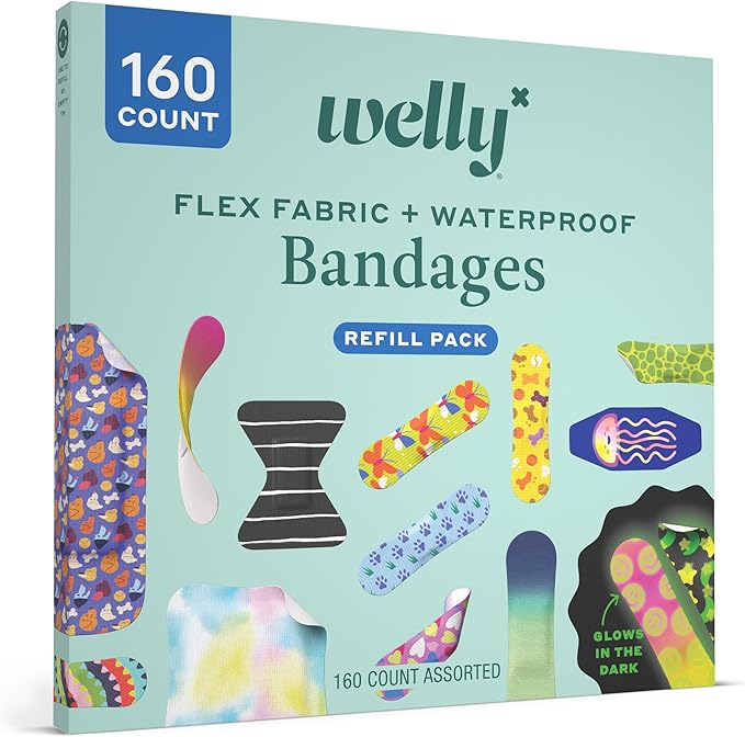 Welly Bandage Large Refill Pack | Adhesive Flexible Fabric, Glow-in-The-Dark & Waterproof Bandages | Assorted Shapes and Patterns for Minor Cuts, Scrapes, and Wounds - 160 Count