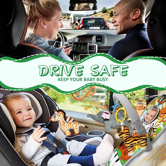 Car Seat Toys for 6-12 Months - Musical Pedal Piano with Baby Mirror, Squeaky Sensory Soft Animal Toys for Rear Facing Carseats