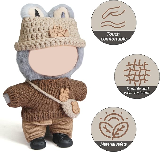 17cm Doll Clothes - 11 Piece Handcrafted Crochet Sweaters Outfit with Accessories Hand Crocheted Hat, Bag, Boys and Girls Stylish Adorable Dolls Clothing Accessories for 17 cm Doll