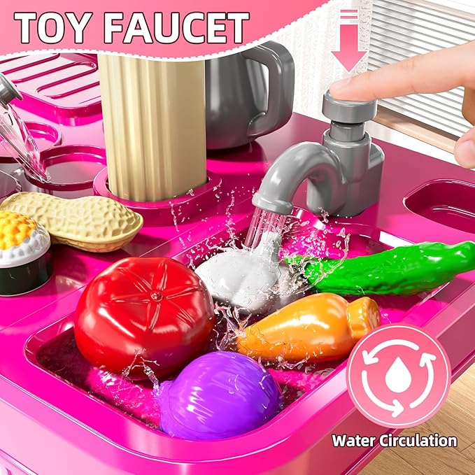 Pretend Play Kitchen Toys for Kid Ages 2-6 4-8, 2 Sided Kitchen Toys with Light, Sound and Spraying, Sink Toy Accessories, Cooking Stoves, Food Toys for Toddlers 1-3 3-5 Boys Girls 6-12 (Pink)