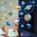 Watercolor Solar System Wall Decals, Glow in The Dark Stars, Kids Planets Sticker for Ceiling, Astronaut Wall Stickers for Bedroom（Blue）