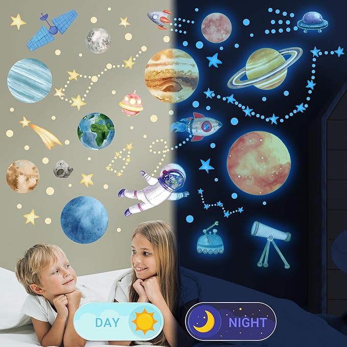 Watercolor Solar System Wall Decals, Glow in The Dark Stars, Kids Planets Sticker for Ceiling, Astronaut Wall Stickers for Bedroom（Blue）