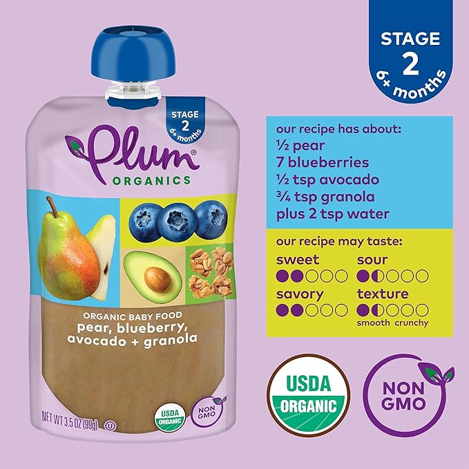 Plum Organics Stage 2 Organic Baby Food - Pear, Blueberry, Avocado, and Granola - 3.5 oz Pouch (Pack of 6) - Organic Fruit and Vegetable Baby Food Pouch