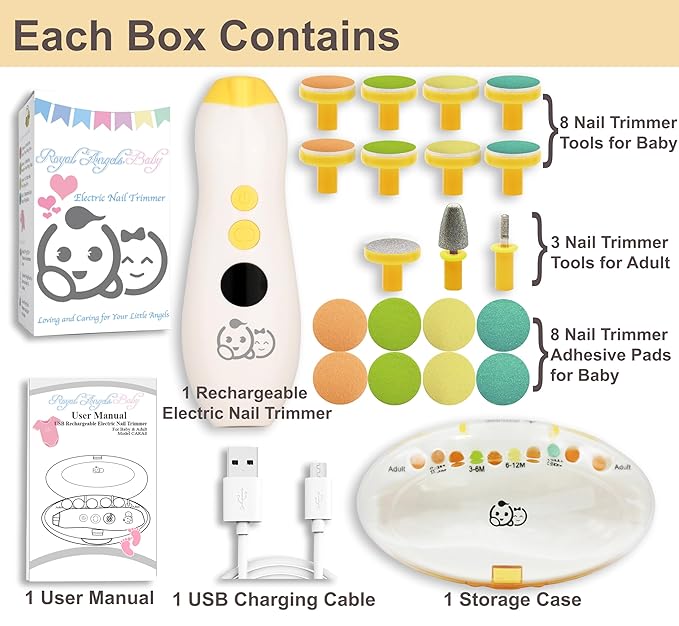 Rechargeable 22 in 1 Baby Nail Trimmer, Usage Labeled Case, 13 Extra Replacement Tools, Royal Angels Electric Nail File with LCD Display, Newborn Toddler Nail Care Clipper Kit (Rechargeable, Mango)