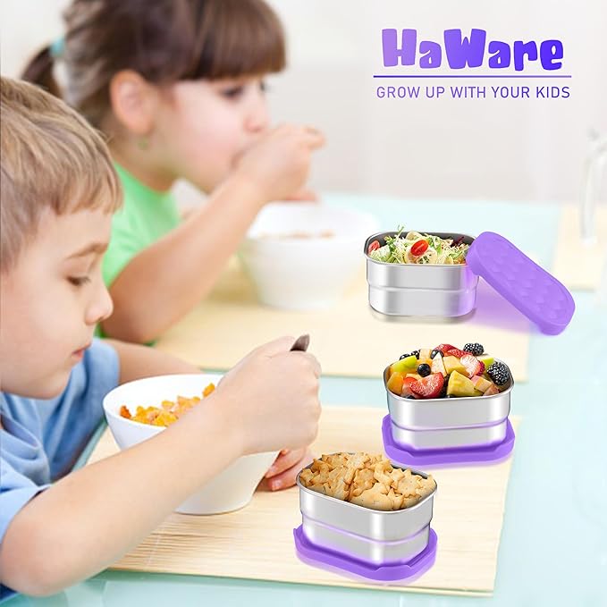 HaWare Stainless Steel Snack Containers for Toddlers and Kids, 8 oz Leak Proof Food Storage Containers with Silicone Lids, Stackable & Reusable Small Metal Lunch Box for Daycare and School- 3 Packs