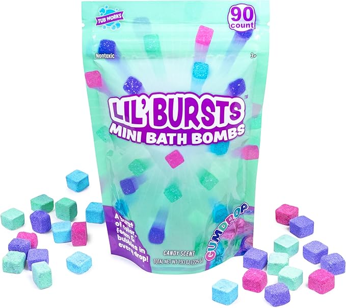 Tub Works Lil' Bursts Mini Bath Bombs for Kids, 90 Count, Gumdrop | Nontoxic | Tiny With A Burst of Color, Foam & Bubbles | Customize Bath With Fun Colors | Create Bath Art