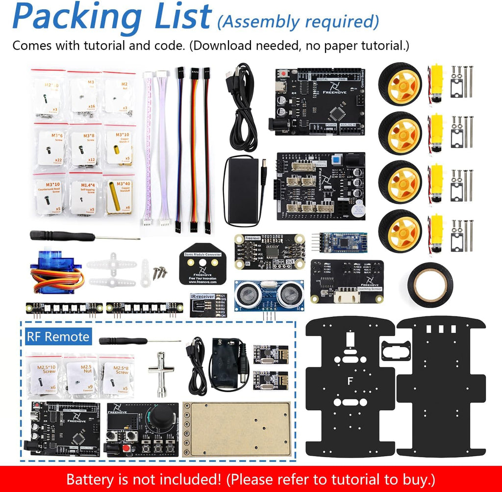 Freenove 4WD Car Kit with Remote (Compatible with Arduino IDE), Line Tracking, Obstacle Avoidance, Wireless Control App, Ultrasonic Sensor Motor Servo