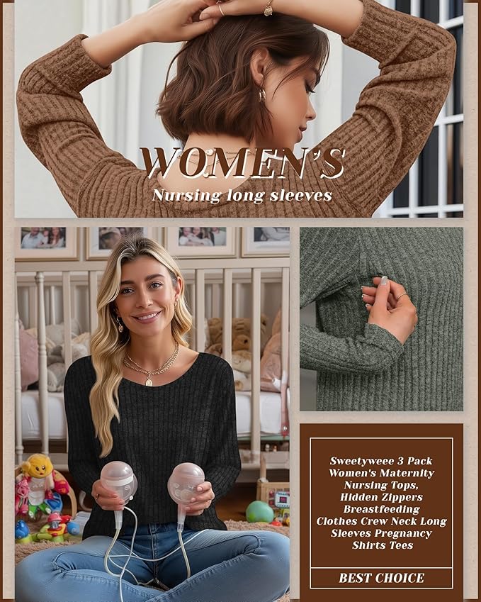 3 Pack Women's Nursing Long Sleeve Tops Breastfeeding Thermal Sweaters with Hidden Zipper Maternity Ribbed Shirts