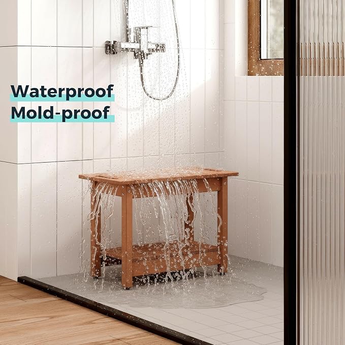 Waterproof Shower Bench, 24" Poly Lumber Shower Stool for Shaving Legs, Shower Chair Seat with Storage Shelf and Handles, Bathroom Bench for Inside Shower, Non-Slip (Brown)