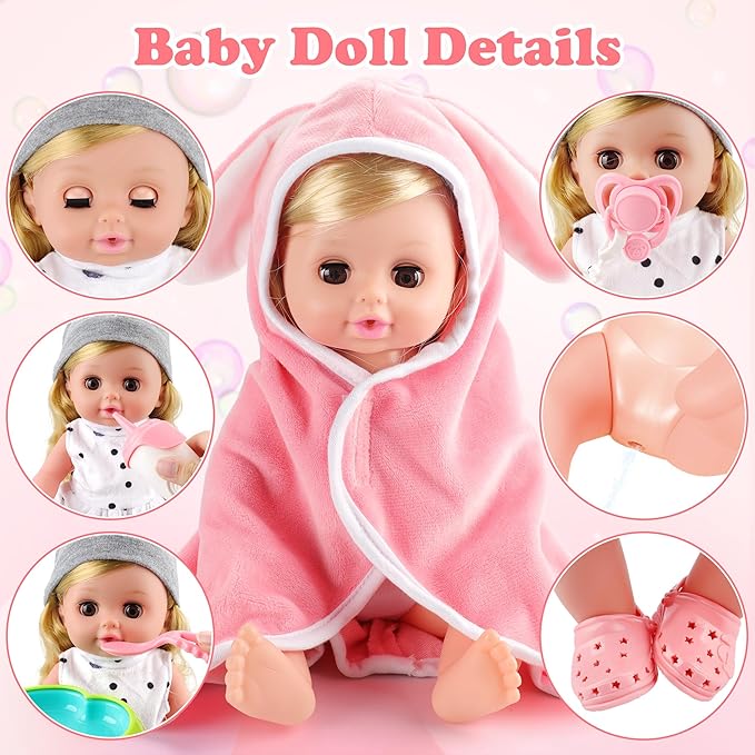 Baby Doll Bath Set, Bathtub Baby Doll Playset for Todders, for 3 4 5 Year Old Girls, Party Favors Toys Stocking Stuffers for Toddlers Kids (Bathtub Set)