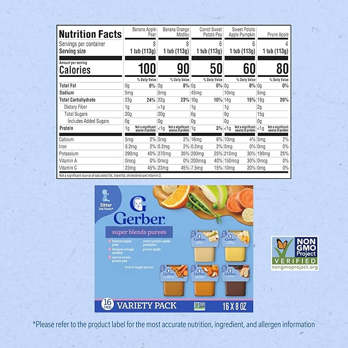 Gerber Stage 2 Baby Food, Super Blends Puree Tubs, No Added Colors or Flavors, Baby Puree, Variety 32-Pack