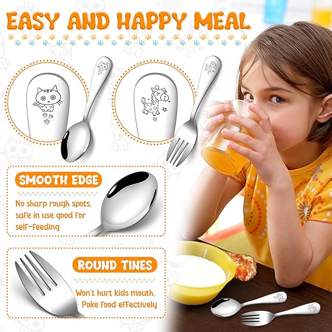 HaWare 12 Pieces Toddler Utensil Sets, Stainless Steel Kids Silverware Set Includes Toddler Forks and Spoons, Kids Safe Cutlery Set for Self Feeding, Cute Animal Handle Pattern, Dishwasher Safe