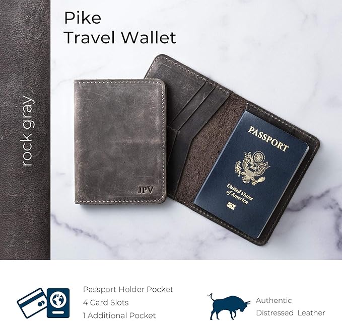 PEGAI Personalized Leather, Passport Holder For Travel | Handmade Passport Wallet Cover Case | Travel Document Holder, Passport Cover for Men, Women, and Family | Pike (Rock Grey)