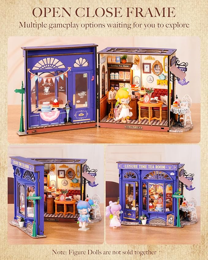 Rolife DIY Miniature House Kit Leisure Tea Time, 3D Book Nook Openable Bookshelf Decor for Adults, Mini Model House Kits, DIY Crafts Kit Halloween for Adults (Leisure Tea Time)