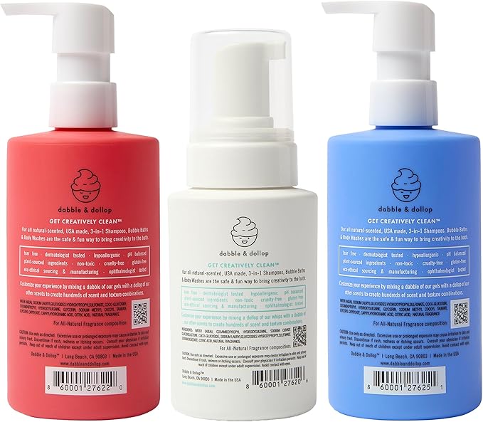 Dabble & Dollop USA Bundle, 3-in-1 Natural Bubble Bath, Body Wash & Shampoo for Kids, Paraben & Sulfate Free, Vegan, Tear-Free, Strawberry, Vanilla & Blueberry (Set of 3)