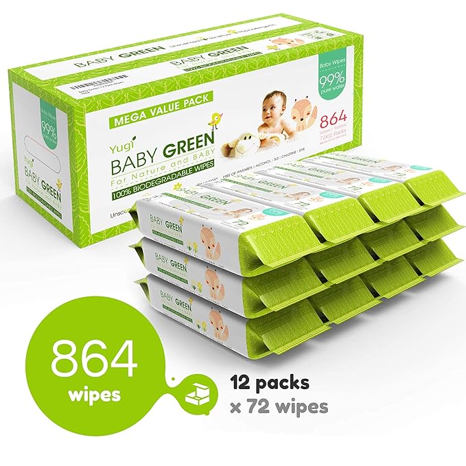 Yugi Green Baby Wipes for Babies Unscented, Compostable, Biodegradable, Plant-Based, Fragrance-Free, for Sensitive Skin, 12 Packs,72 Count,864 wipes