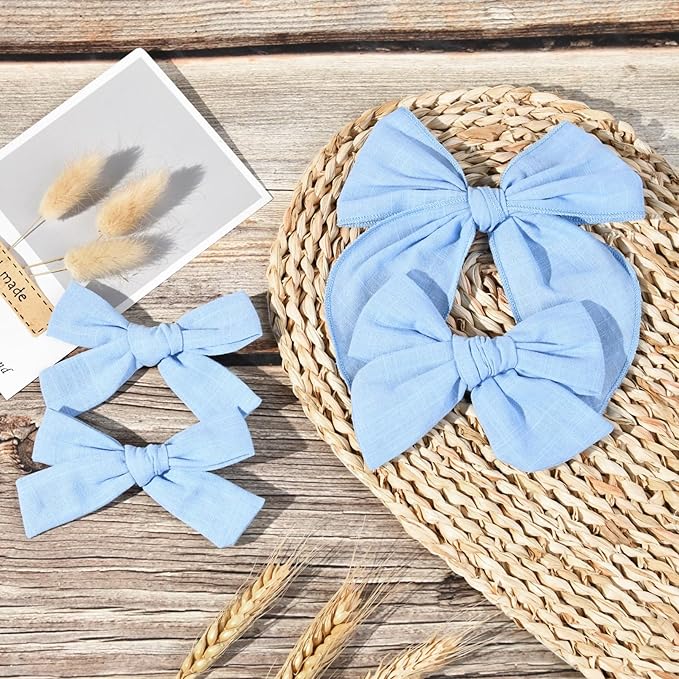 DEEKA 4 PCS Blue Cotton Linen Hair Bows 3 Styles 5" & 4" Handmade Hair Bow set for Toddler Girls Alligator Hair Clips Knot Bows Hair Accessories for Little School Girls (Blue)