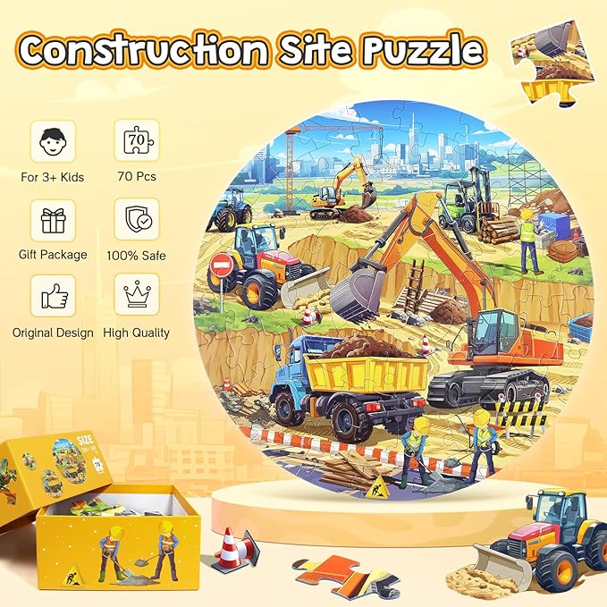 Floor Puzzles for Kids Ages 3 4 5 6 7 8, 70 Piece Construction Site Jigsaw Puzzle with Excavator Bulldozer Forklift Dumper Truck, Building Site Educational Toy Gift for Boys Birthday Christmas