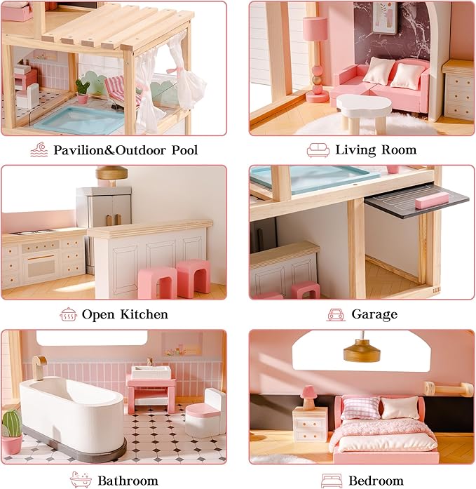 ROBOTIME Wooden Dollhouse, Doll House with 29 Pieces Furniture Set - Pool and Elevator, Wooden Doll House for 4, 5, 6-Inch Dolls, 6 Rooms Pink Dollhouse Gift for Kids Girls Ages 3+ (Black)