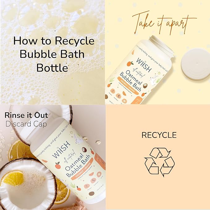 WIISH Baby Oatmeal Bubble Bath - Baby Bubble Bath for Sensitive Skin with 30% Colloidal Oatmeal | Orange + Coconut | Healing Ingredient, Soothing Itchiness, Rashes, Dryness 32 oz (520g)