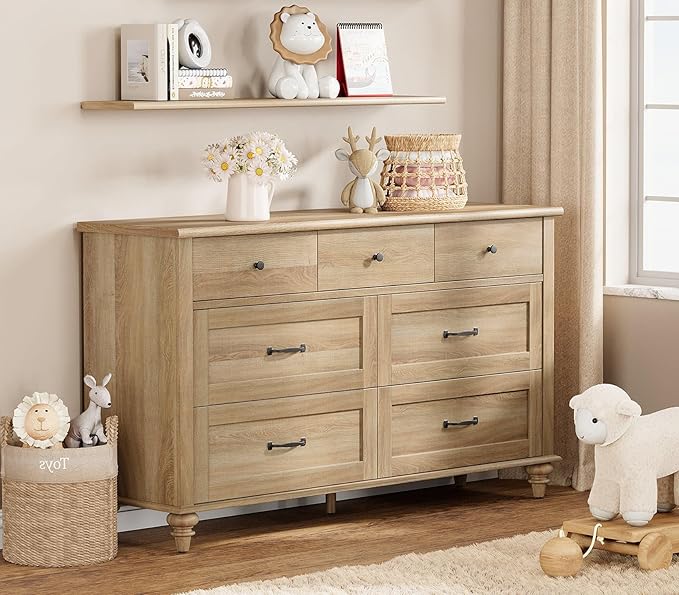 WAMPAT Wide Kids Dresser with 7 Drawers for Bedroom, Farmhouse Baby Dresser for Nursery & Kids Room, Wooden Chests & Dressers Closet Organizer for Children's Bedroom, 54 Inch, Oak