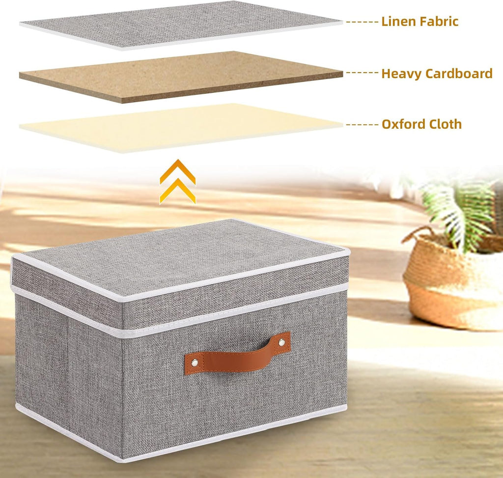 Fabric Storage Bins with Lids, Linen Foldable Clothes Boxes, Closet Organizer Containers with Double Handles, Baskets for Bedroom, Grey, 5 Pack, 13 x 9.1 x 7.9 Inch