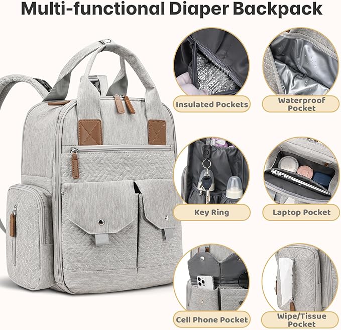 Diaper Bag Backpack - Large Diaper Bag with Portable Changing Pad as Baby Shower Gifts, Lightweight Waterproof Unisex Travel Baby Bag with 4 Insulated Pockets and Stroller Buckles, Light Grey